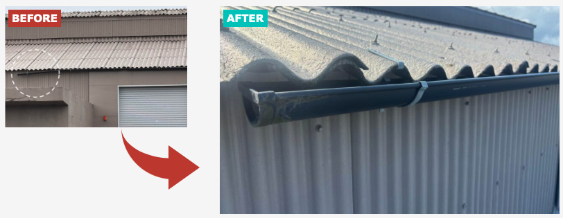 倉庫屋根雨漏り補修　雨樋金具補修工事　住みたかルーフ