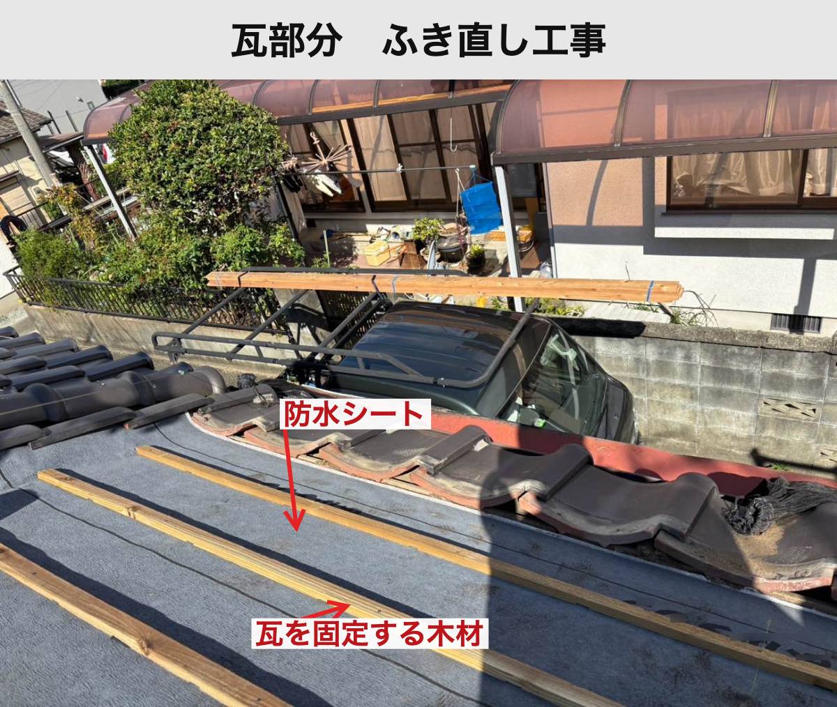 施工中：防水シートと瓦を支える木材